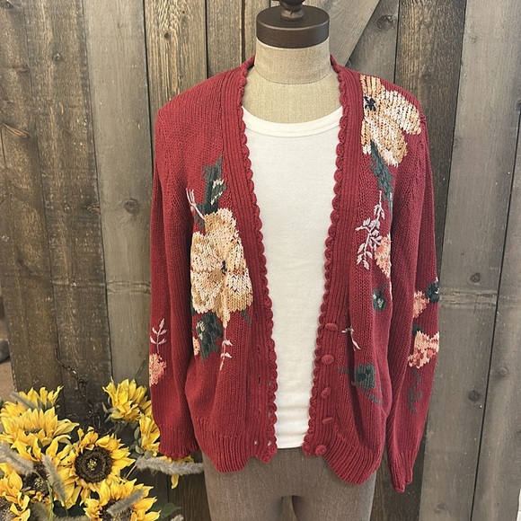 Vintage Herman Geist Hand Embroidered Red Floral Cardigan - Picture 1 of 9
